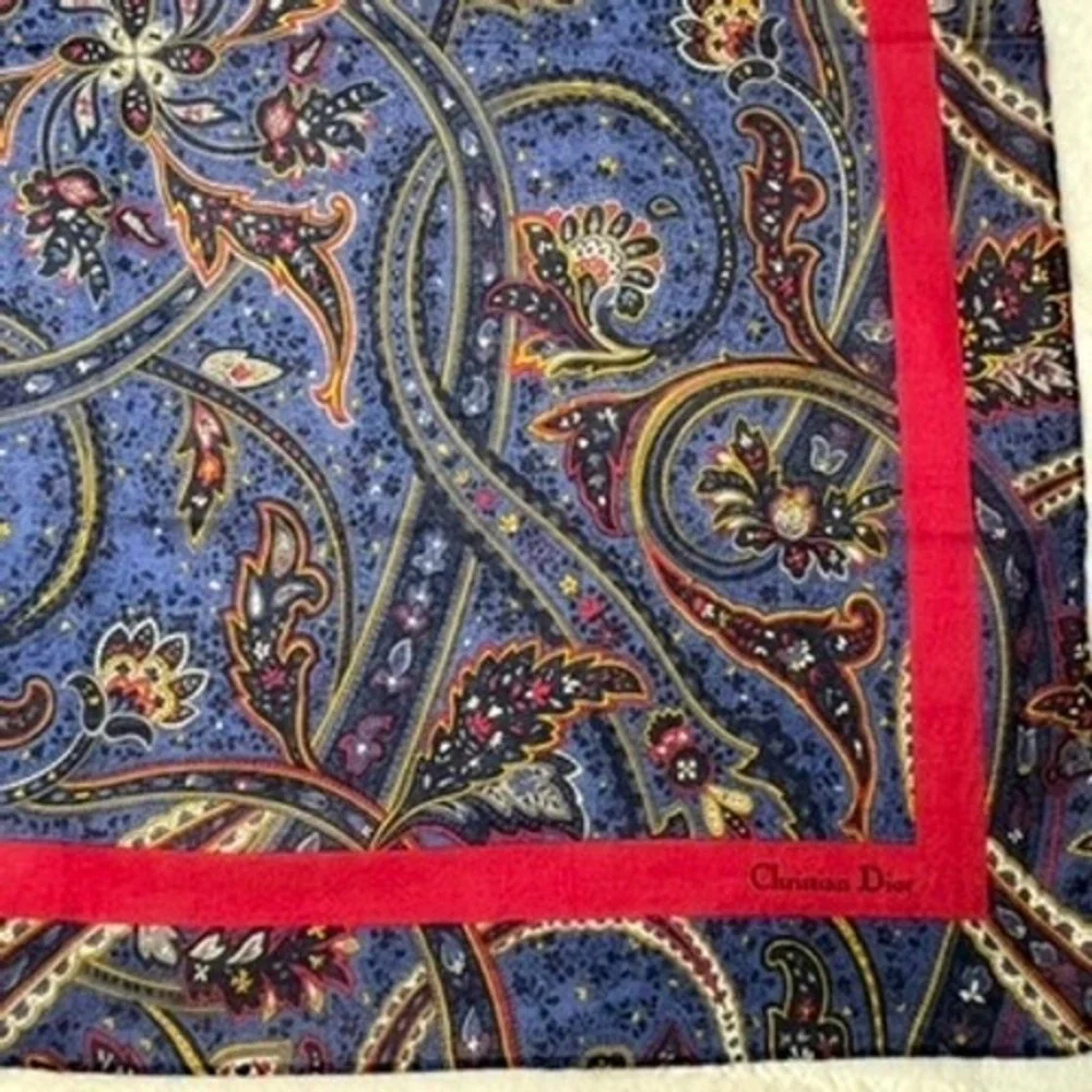 Vtg CHRISTIAN DIOR Scarf Handkerchief Paisley Blue Red 21
